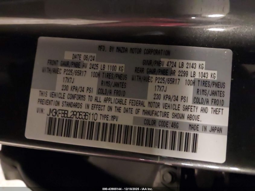 2024 Mazda Cx-5 2.5 S Select VIN: JM3KFBBL2R0536110 Lot: 43985144