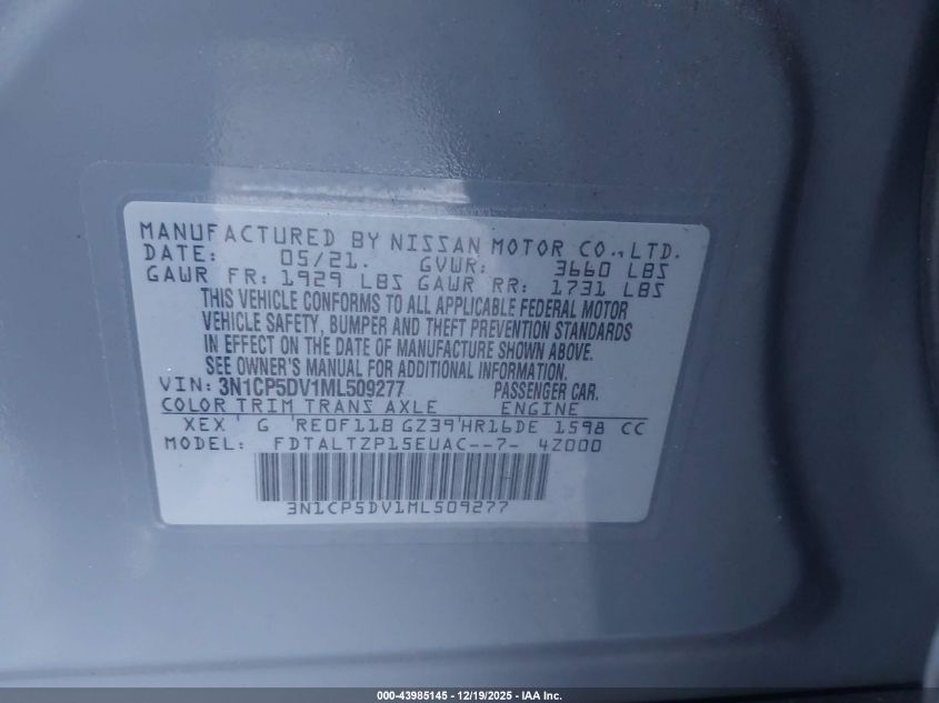 2021 Nissan Kicks Sr Xtronic Cvt VIN: 3N1CP5DV1ML509277 Lot: 43985145