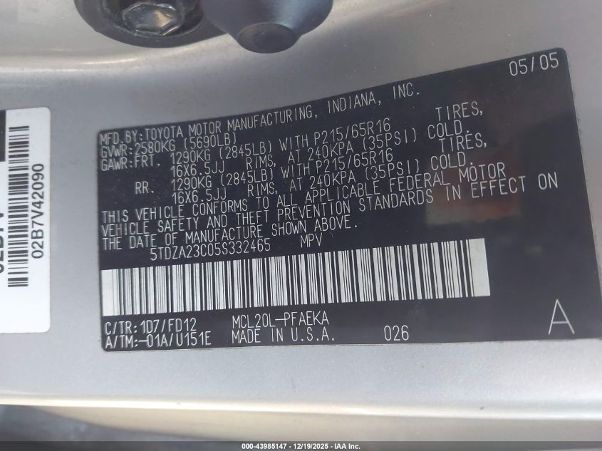 2005 Toyota Sienna Ce VIN: 5TDZA23C05S332465 Lot: 43985147