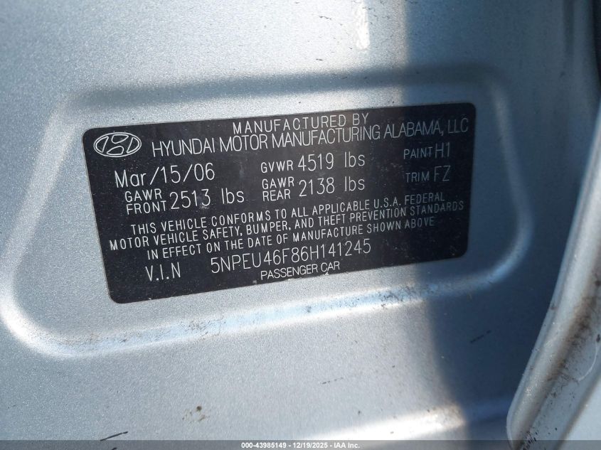 2006 Hyundai Sonata Gls V6/Lx V6 VIN: 5NPEU46F86H141245 Lot: 43985149
