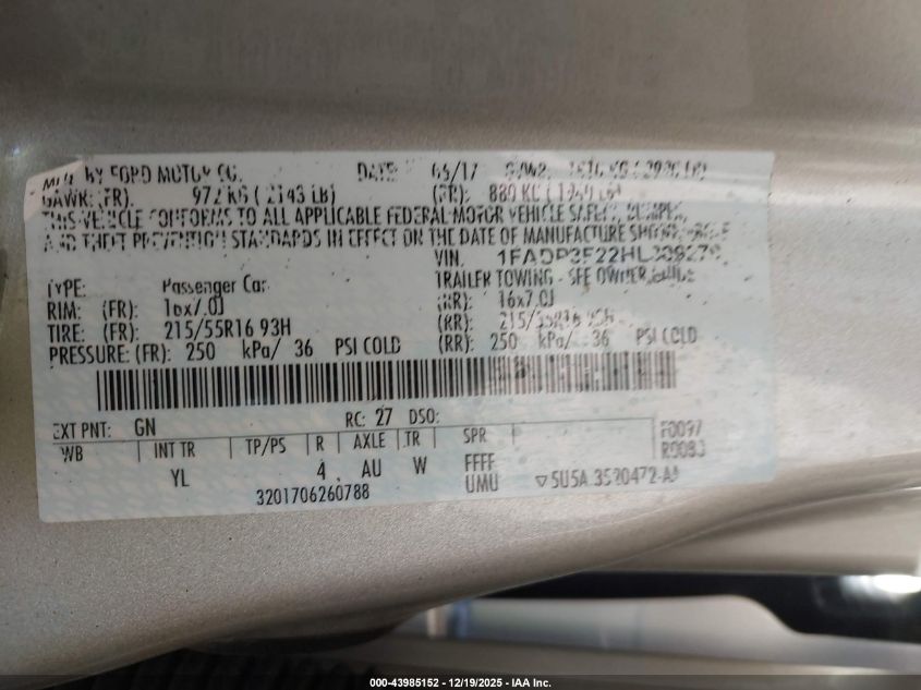 2017 Ford Focus Se VIN: 1FADP3F22HL309279 Lot: 43985152