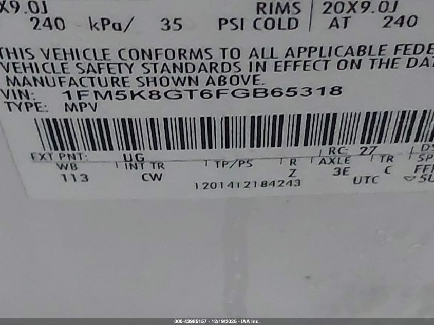 2015 Ford Explorer Sport VIN: 1FM5K8GT6FGB65318 Lot: 43985157