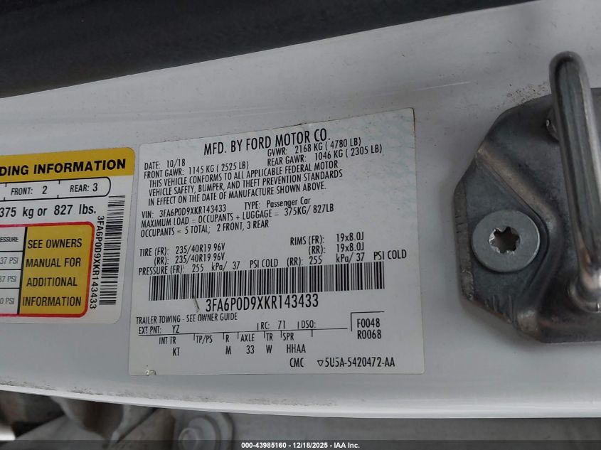 2019 Ford Fusion Titanium VIN: 3FA6P0D9XKR143433 Lot: 43985160