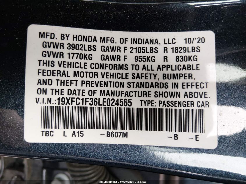 2020 Honda Civic Ex VIN: 19XFC1F36LE024565 Lot: 43985161