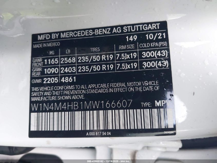 2021 Mercedes-Benz Glb 250 4Matic VIN: W1N4M4HB1MW166607 Lot: 43985162