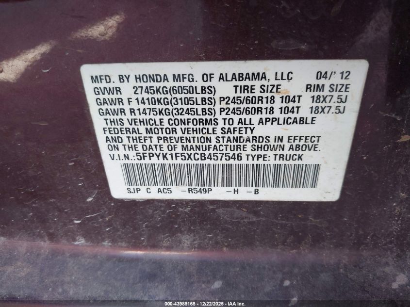 2012 Honda Ridgeline Rtl VIN: 5FPYK1F5XCB457546 Lot: 43985165