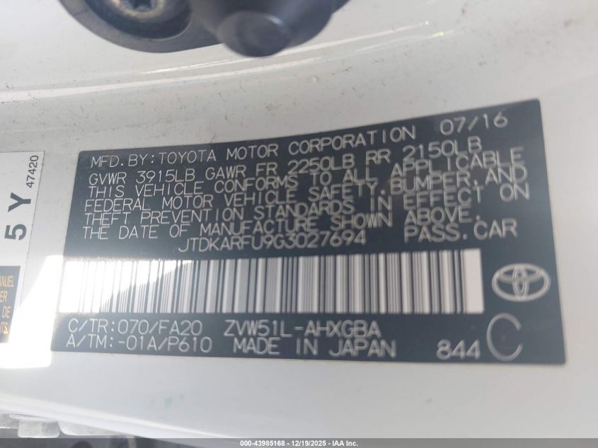 2016 Toyota Prius Three VIN: JTDKARFU9G3027694 Lot: 43985168