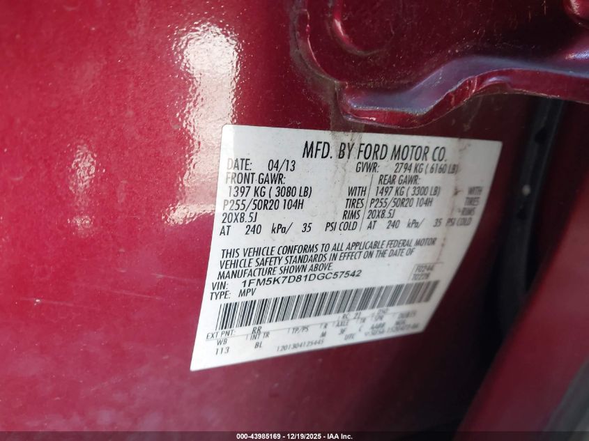 2013 Ford Explorer Xlt VIN: 1FM5K7D81DGC57542 Lot: 43985169