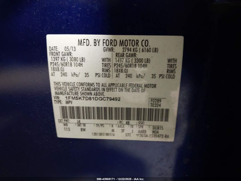 2013 Ford Explorer Xlt VIN: 1FM5K7D81DGC79492 Lot: 43985171