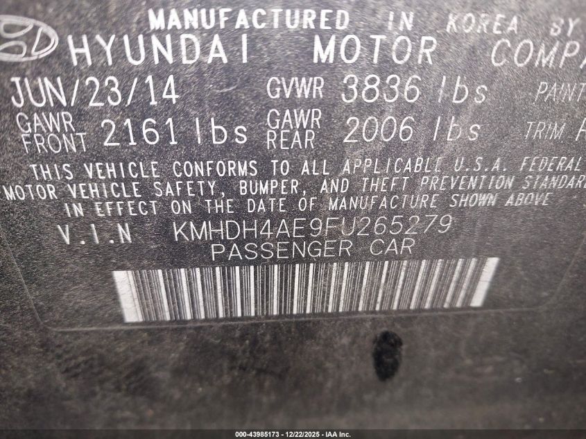 2015 Hyundai Elantra Se VIN: KMHDH4AE9FU265279 Lot: 43985173