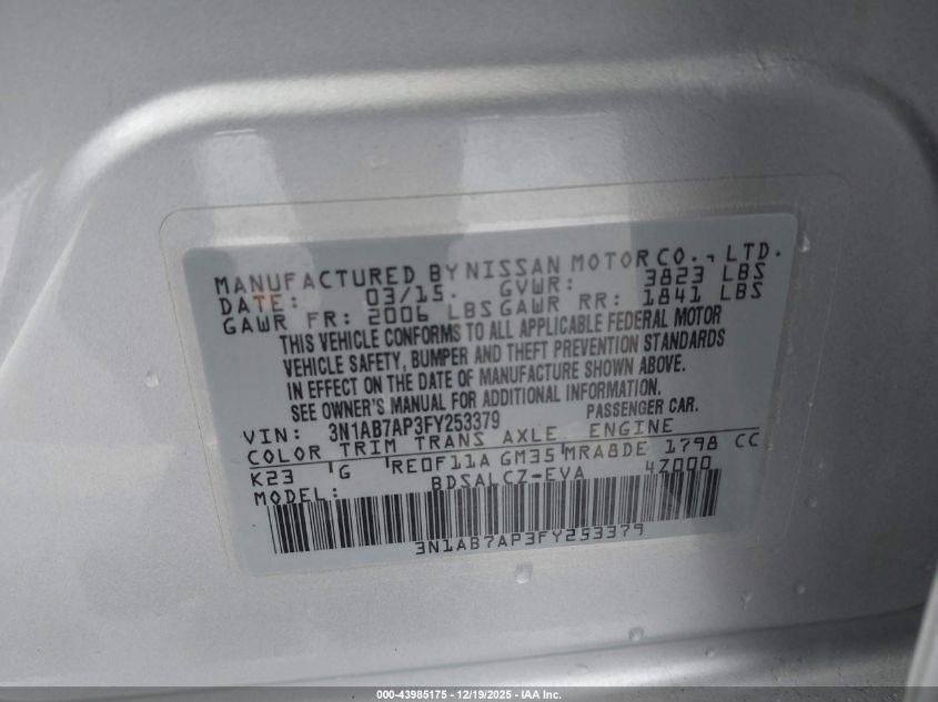 2015 Nissan Sentra S VIN: 3N1AB7AP3FY253379 Lot: 43985175