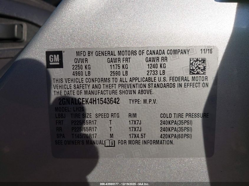 2017 Chevrolet Equinox Lt VIN: 2GNALCEK4H1543642 Lot: 43985177