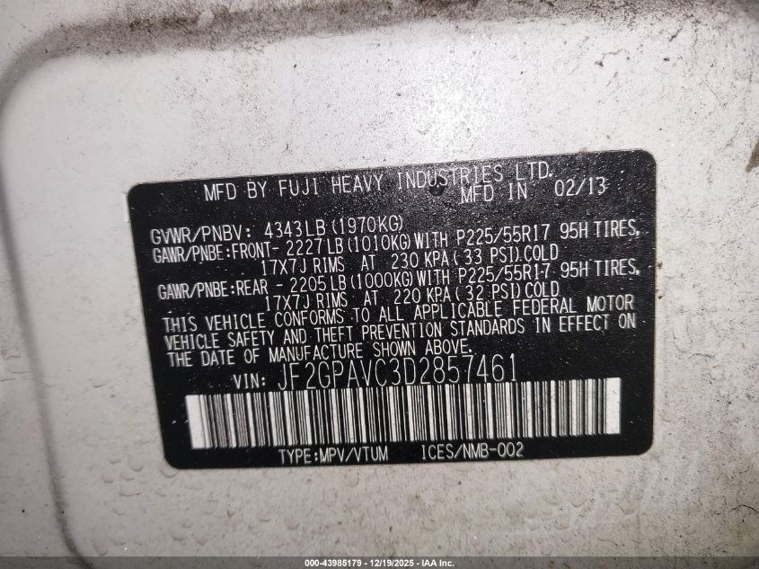 2013 Subaru Xv Crosstrek 2.0I Premium VIN: JF2GPAVC3D2857461 Lot: 43985179