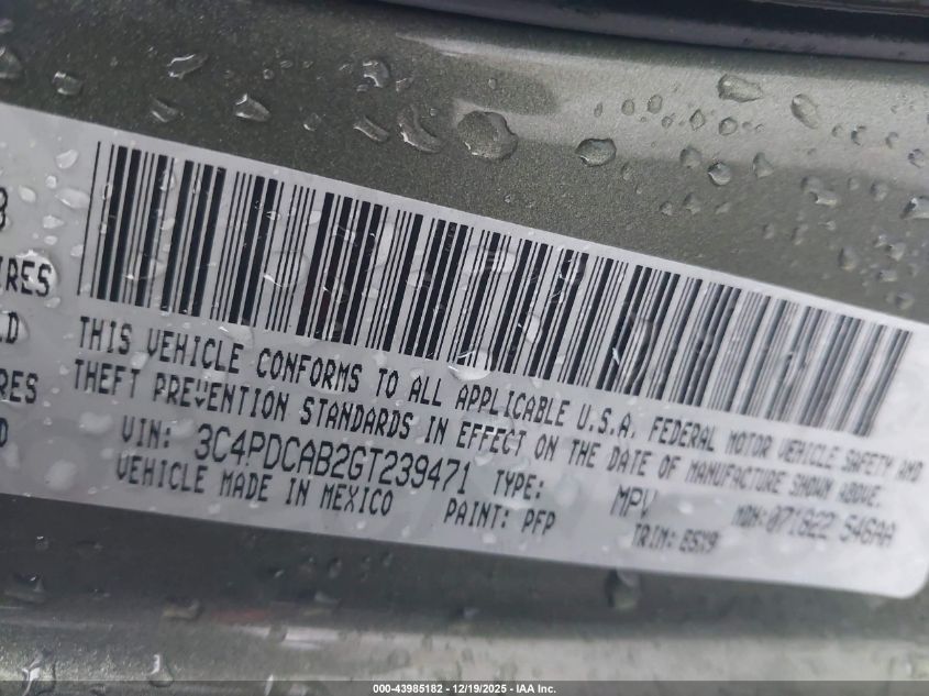 2016 Dodge Journey Se VIN: 3C4PDCAB2GT239471 Lot: 43985182