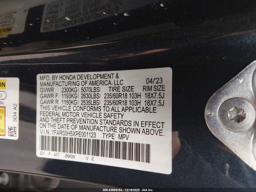 2023 Honda Cr-V Hybrid Sport VIN: 7FARS5H5XPE001123 Lot: 43985184