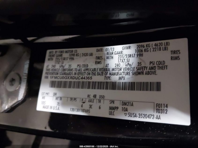 2013 Ford Escape Se VIN: 1FMCU0GXXDUC44365 Lot: 43985188