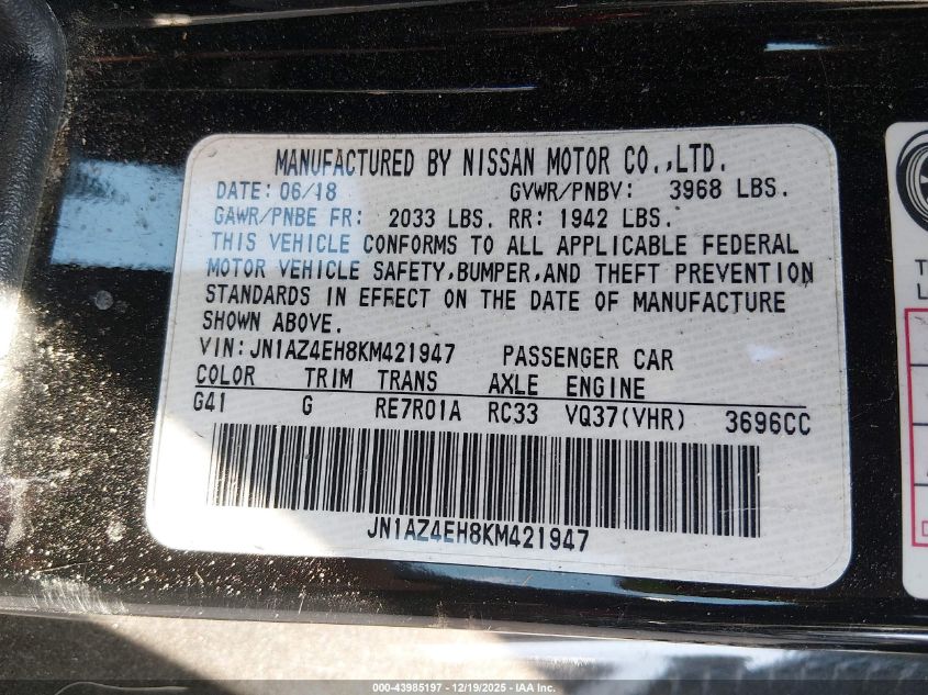 2019 Nissan 370Z VIN: JN1AZ4EH8KM421947 Lot: 43985197