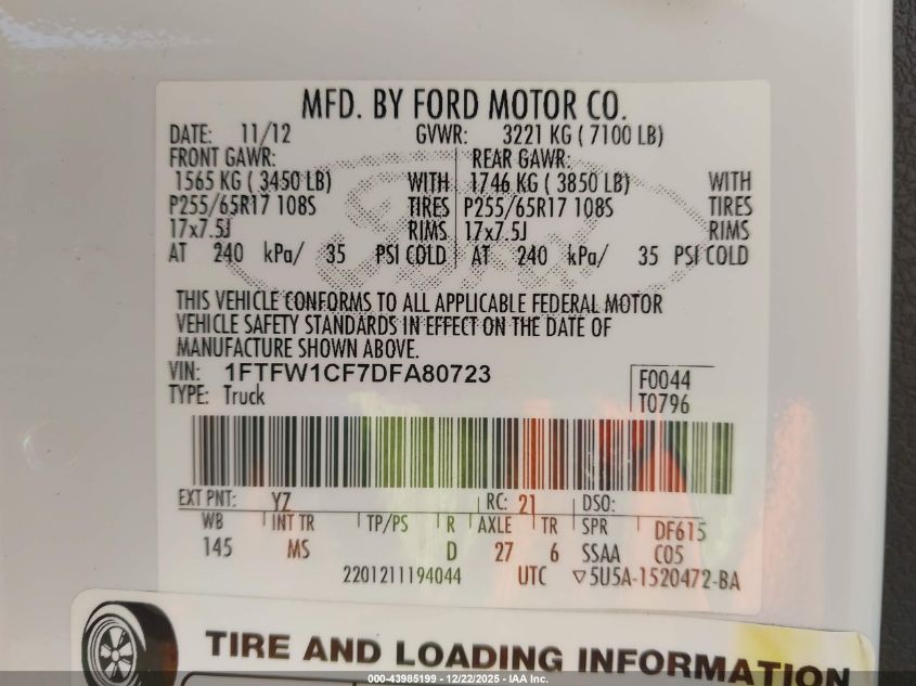 2013 Ford F-150 Xlt VIN: 1FTFW1CF7DFA80723 Lot: 43985199