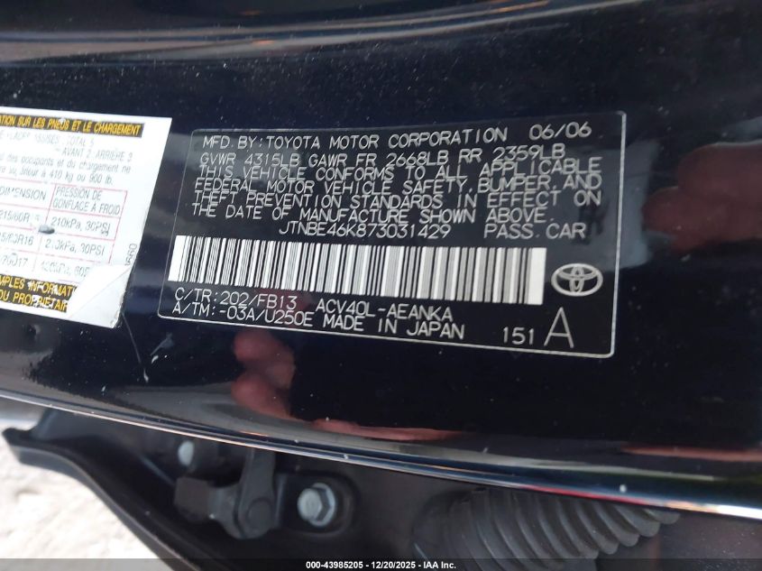 2007 Toyota Camry Le VIN: JTNBE46K873031429 Lot: 43985205