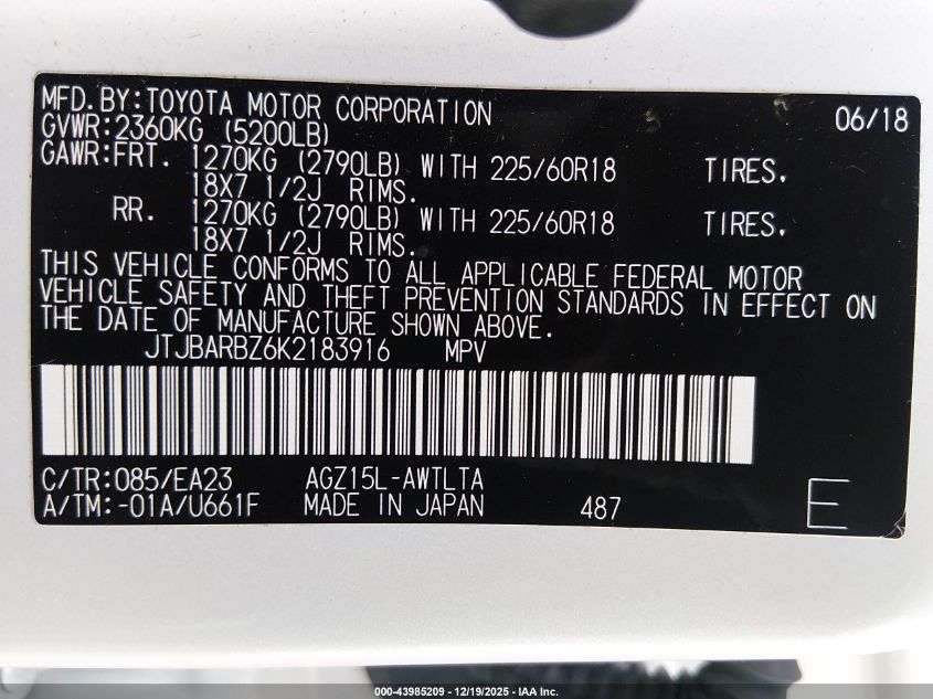 2019 Lexus Nx 300 VIN: JTJBARBZ6K2183916 Lot: 43985209