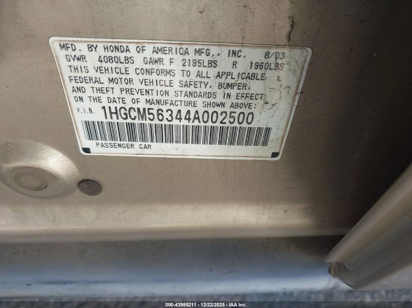 2004 Honda Accord 2.4 Lx VIN: 1HGCM56344A002500 Lot: 43985211