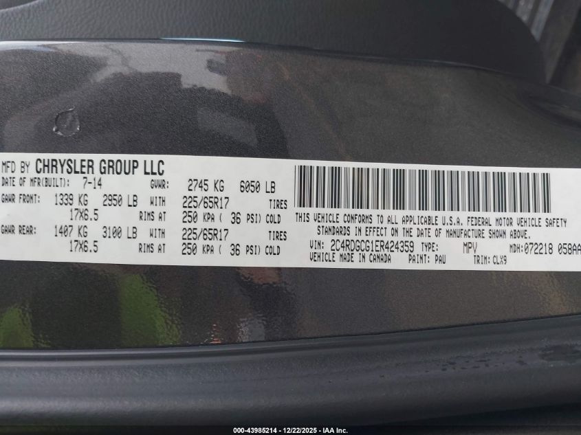 2014 Dodge Grand Caravan Sxt 30Th Anniversary VIN: 2C4RDGCG1ER424359 Lot: 43985214