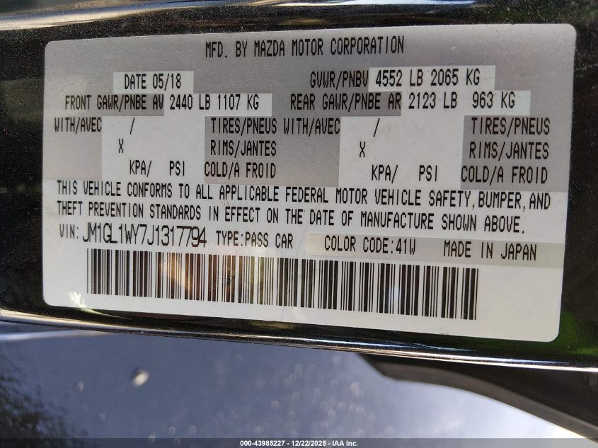 2018 Mazda Mazda6 Grand Touring Reserve VIN: JM1GL1WY7J1317794 Lot: 43985227