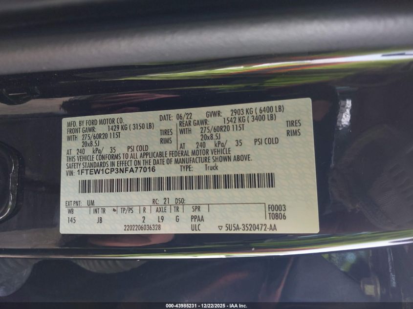 2022 Ford F-150 Xl VIN: 1FTEW1CP3NFA77016 Lot: 43985231