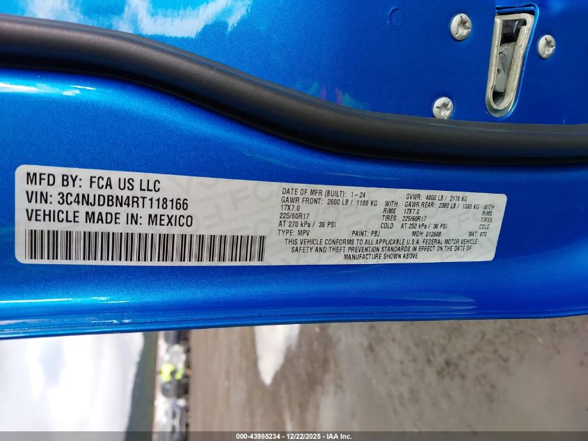 2024 Jeep Compass Latitude 4X4 VIN: 3C4NJDBN4RT118166 Lot: 43985234