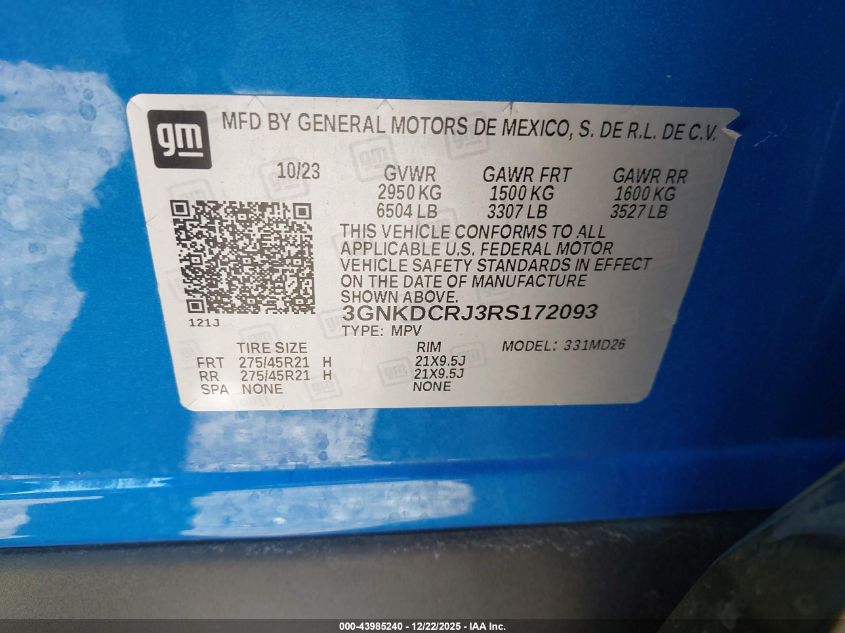 2024 Chevrolet Blazer Ev Eawd Rs VIN: 3GNKDCRJ3RS172093 Lot: 43985240