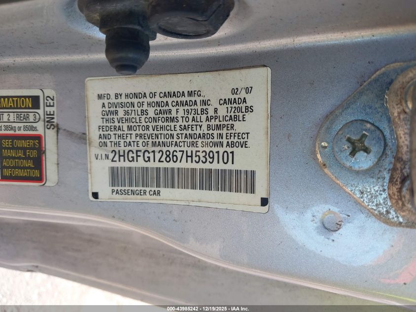 2007 Honda Civic Ex VIN: 2HGFG12867H539101 Lot: 43985242