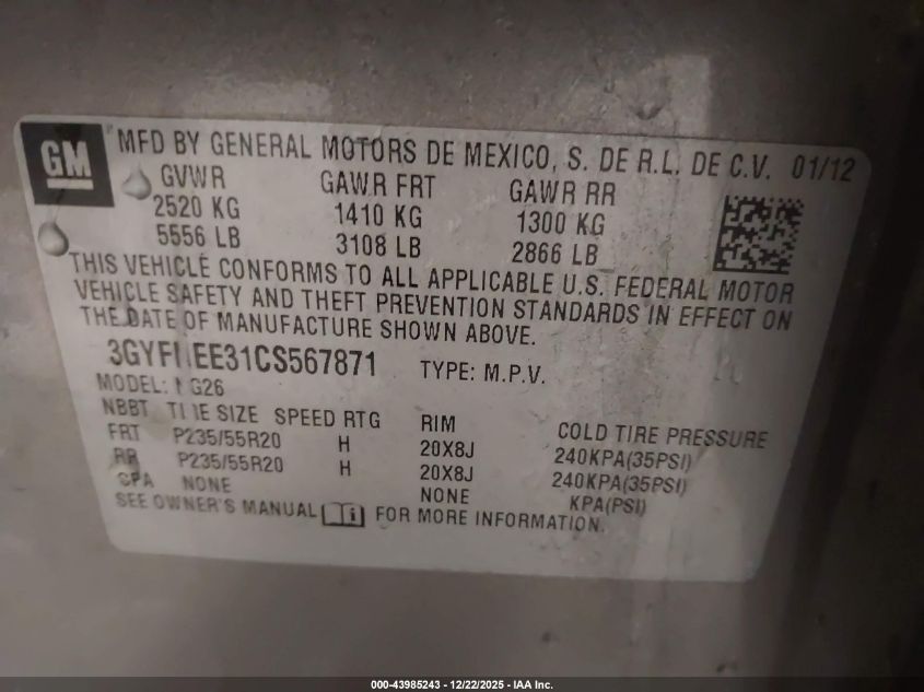 2012 Cadillac Srx Performance Collection VIN: 3GYFNEE31CS567871 Lot: 43985243