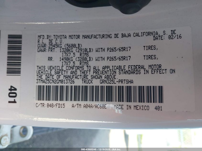 2016 Toyota Tacoma Trd Sport VIN: 3TMAZ5CN2GM013726 Lot: 43985248