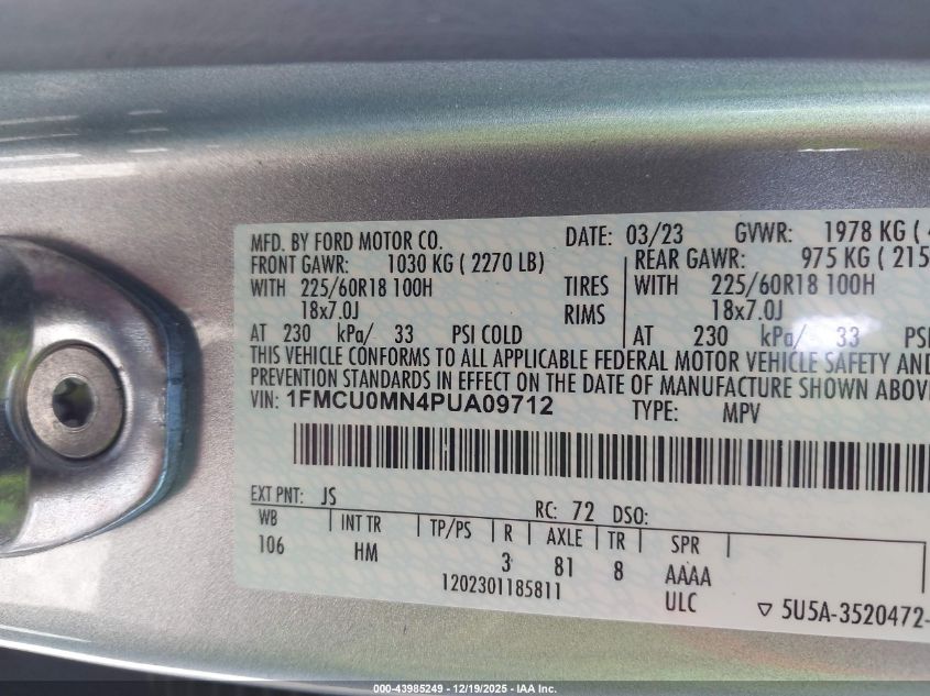 2023 Ford Escape St-Line VIN: 1FMCU0MN4PUA09712 Lot: 43985249