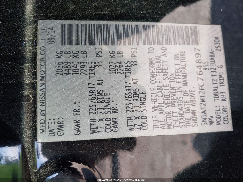 2015 Nissan Rogue Sv VIN: 5N1AT2MT2FC764897 Lot: 43985251