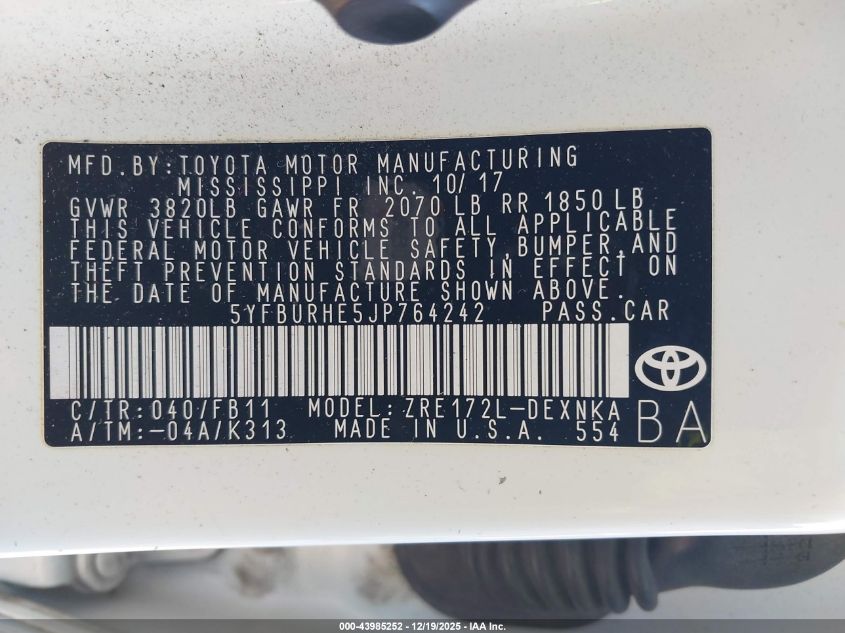 2018 Toyota Corolla Le VIN: 5YFBURHE5JP764242 Lot: 43985252