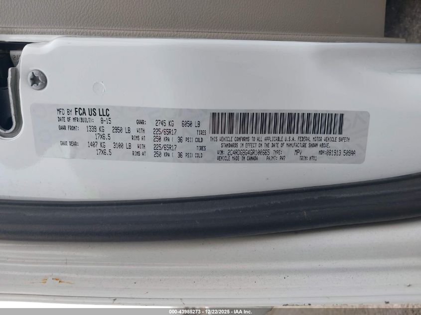 2016 Dodge Grand Caravan Se VIN: 2C4RDGBG4GR100665 Lot: 43985273