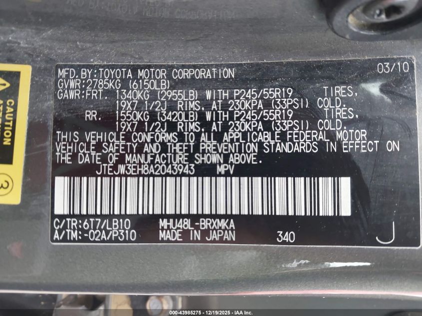 2010 Toyota Highlander Hybrid Limited V6 VIN: JTEJW3EH8A2043943 Lot: 43985275