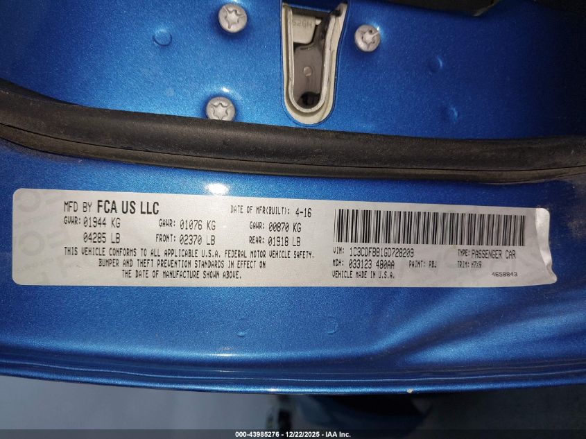 2016 Dodge Dart Sxt VIN: 1C3CDFBB1GD728209 Lot: 43985276