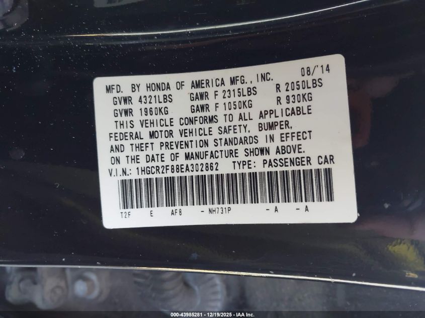2014 Honda Accord Ex-L VIN: 1HGCR2F88EA302862 Lot: 43985281