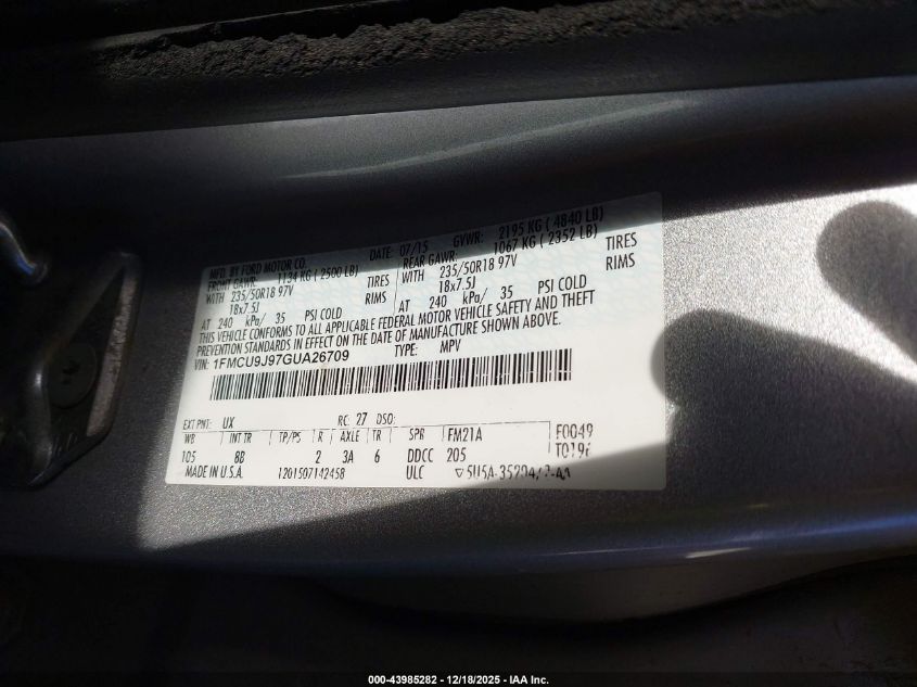 2016 Ford Escape Titanium VIN: 1FMCU9J97GUA26709 Lot: 43985282