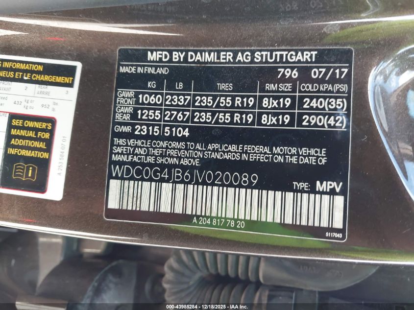 2018 Mercedes-Benz Glc 300 VIN: WDC0G4JB6JV020089 Lot: 43985284