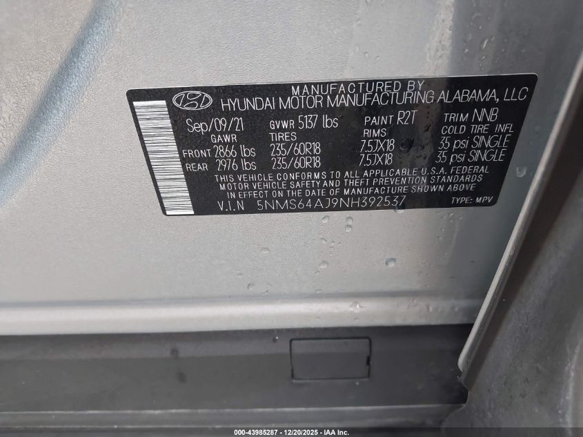 2022 Hyundai Santa Fe Xrt VIN: 5NMS64AJ9NH392537 Lot: 43985287