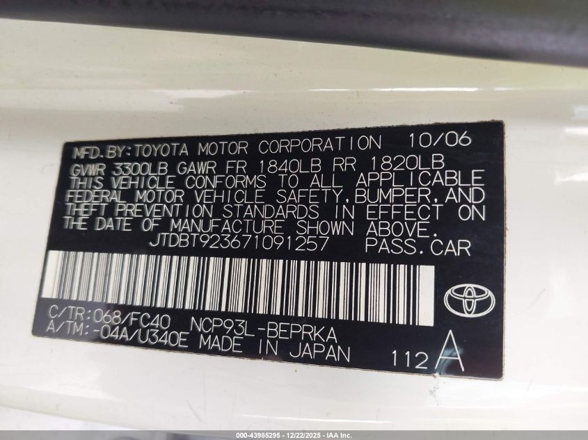 2007 Toyota Yaris VIN: JTDBT923671091257 Lot: 43985295