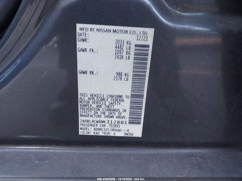 2022 Nissan Altima Sr Intelligent Awd VIN: 1N4BL4CW6NN312881 Lot: 43985296