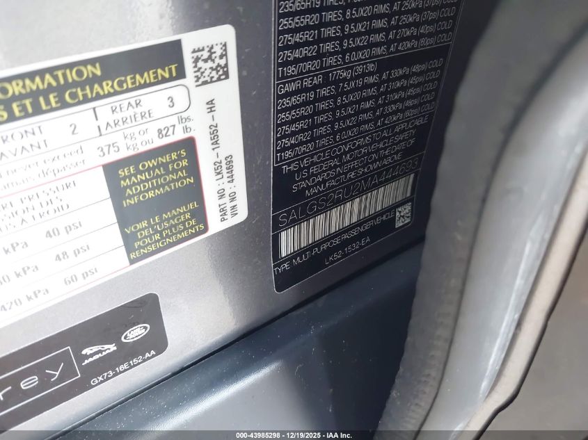 2021 Land Rover Range Rover Westminster VIN: SALGS2RU2MA444693 Lot: 43985298