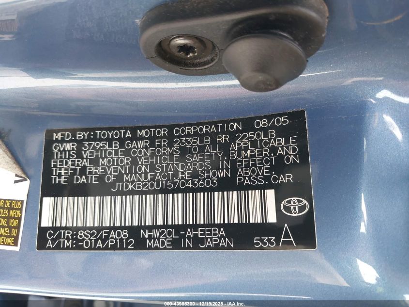 2005 Toyota Prius VIN: JTDKB20U157043603 Lot: 43985300