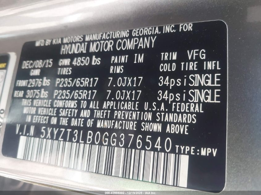 2016 Hyundai Santa Fe Sport 2.4L VIN: 5XYZT3LB0GG376540 Lot: 43985302