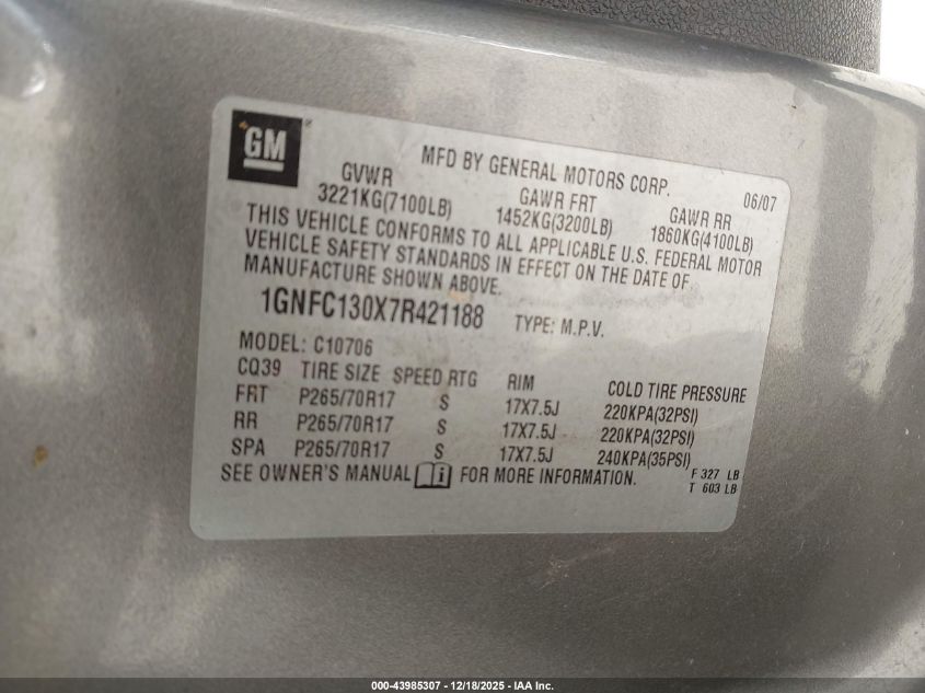 2007 Chevrolet Tahoe Lt VIN: 1GNFC130X7R421188 Lot: 43985307