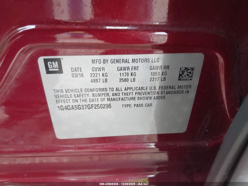 2016 Buick Lacrosse VIN: 1G4GA5G37GF250296 Lot: 43985308